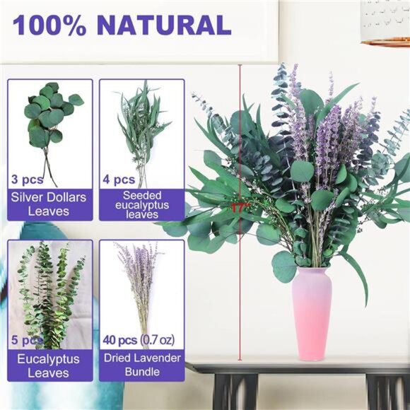 52 PCS Mix Dried Eucalyptus & Lavender Flowers Bundles for Shower, 17'' Natural - Picture 2 of 7
